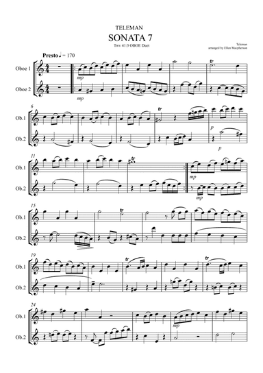 OBOE DUET - PRESTO from TELEMAN SONATA 7 (arr. Ellen Macpherson)