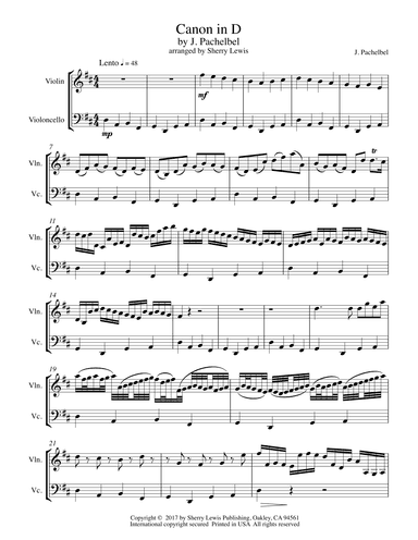 CANON IN D String Duo, Intermediate Level for violin and cello (arr. Sherry Lewis)