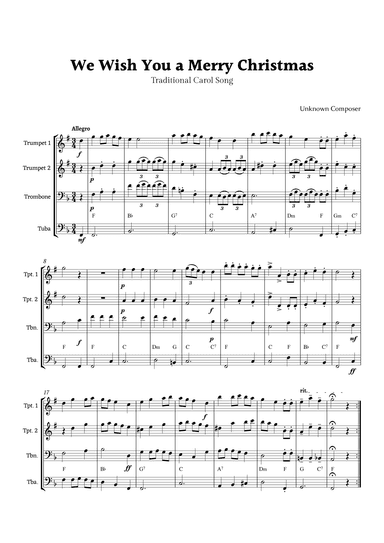 We Wish you a Merry Christmas for Brass Ensemble Quartet with Chords (arr. Rika K.)