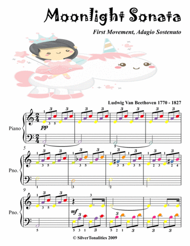 Moonlight Sonata First Movement Easy Piano Sheet Music with Colored Notes (arr. SilverTonalities)