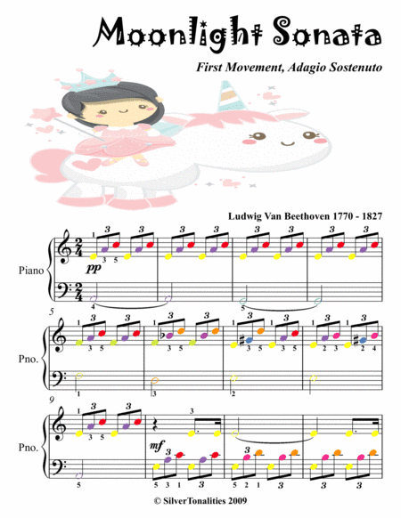 Moonlight Sonata First Movement Easy Piano Sheet Music with Colored Notes (arr. SilverTonalities)