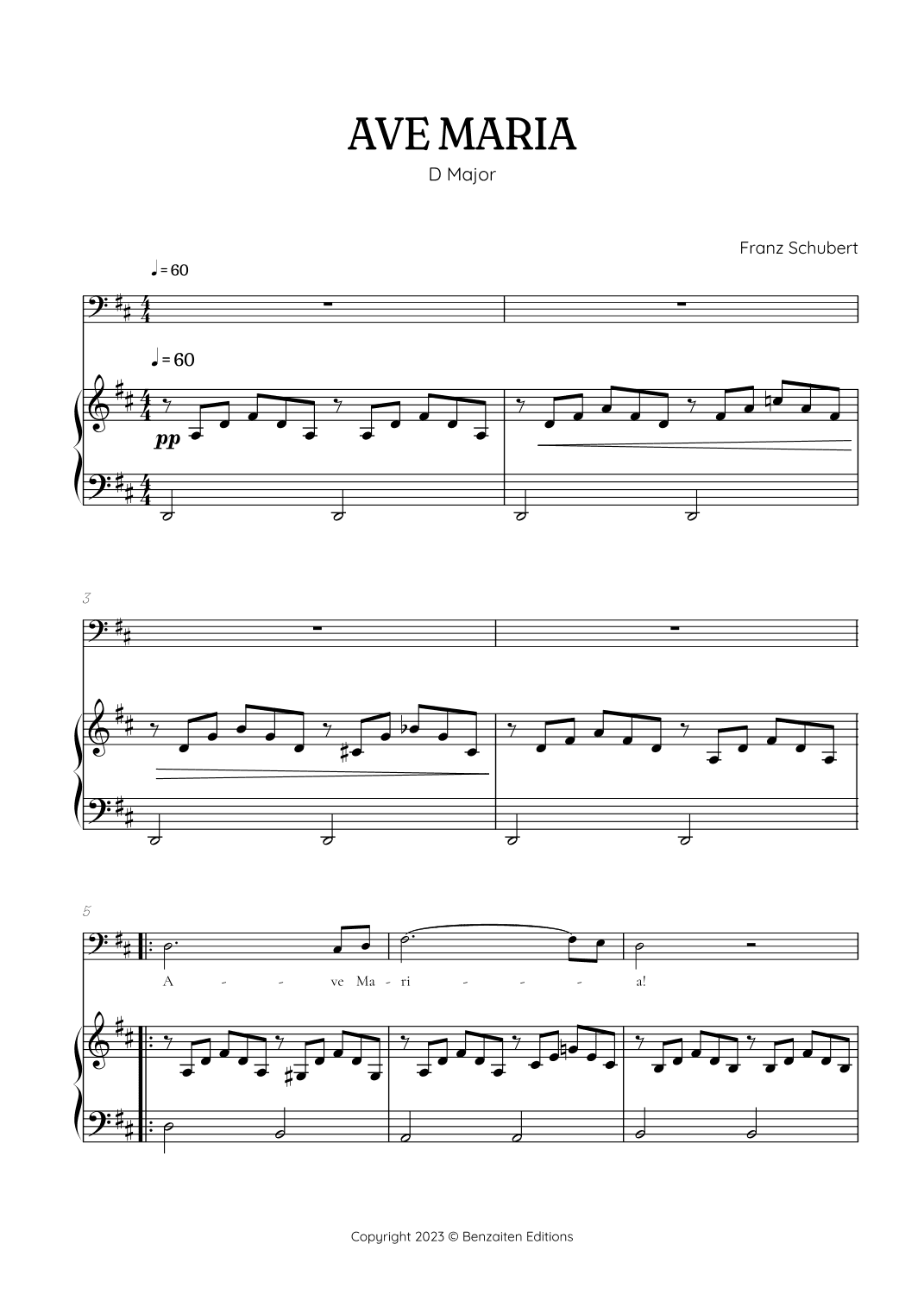 Schubert Ave Maria in D major • baritone voice sheet music with easy piano accompaniment (arr. Benzaiten Editions)