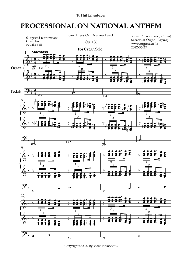 Processional on National Anthem, Op. 136 (Organ Solo) by Vidas Pinkevicius (2022)