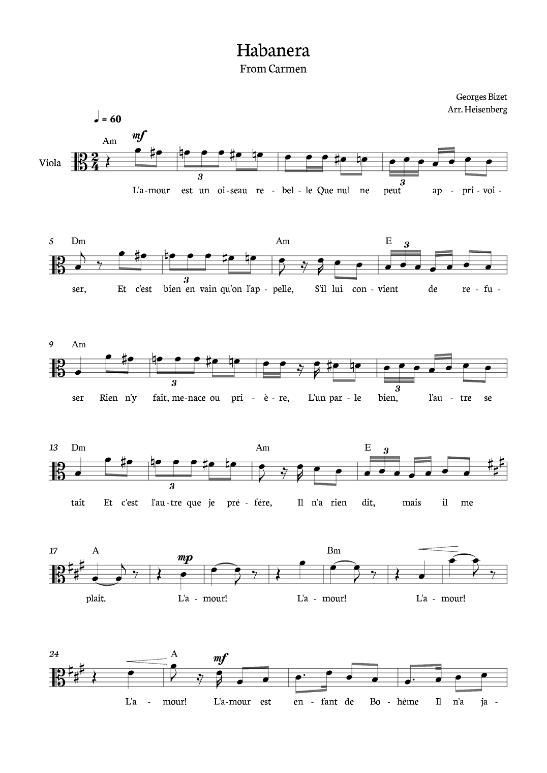 Habanera from Carmen for Viola with chords (arr. Heisenberg)