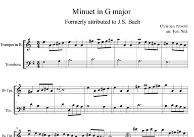 Minuet in G major, BWV Anh.114 (Petzold, Christian) for Trumpet in Bb & Trombone (arr. Toni Nita)