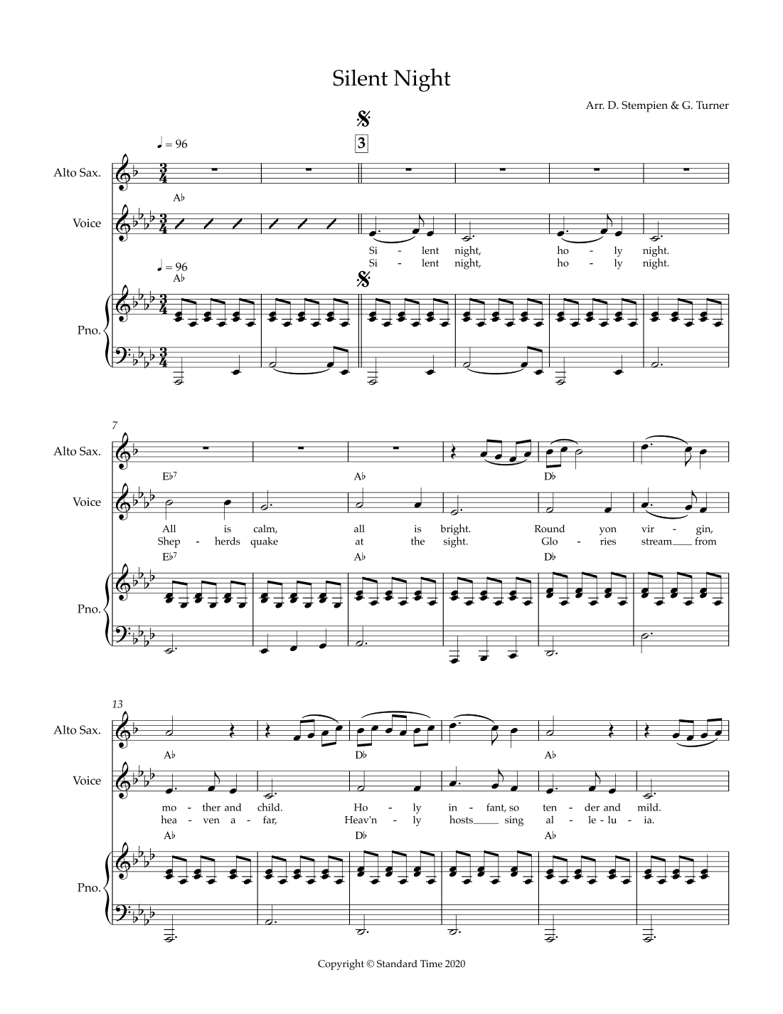Silent Night for Vocal Solo with Alto Sax and Piano Accompaniment (Christmas) (arr. Debra E. Stempien, Gregory H. Turner)