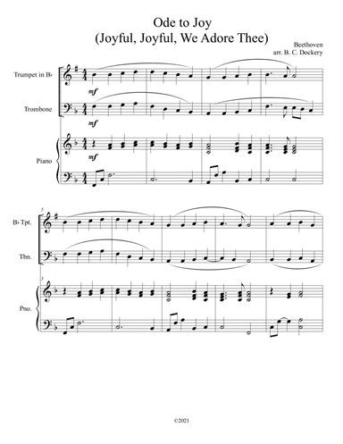 Ode to Joy (Joyful, Joyful, We Adore Thee) for trumpet and trombone duet with piano accompaniment (arr. B. C. Dockery)