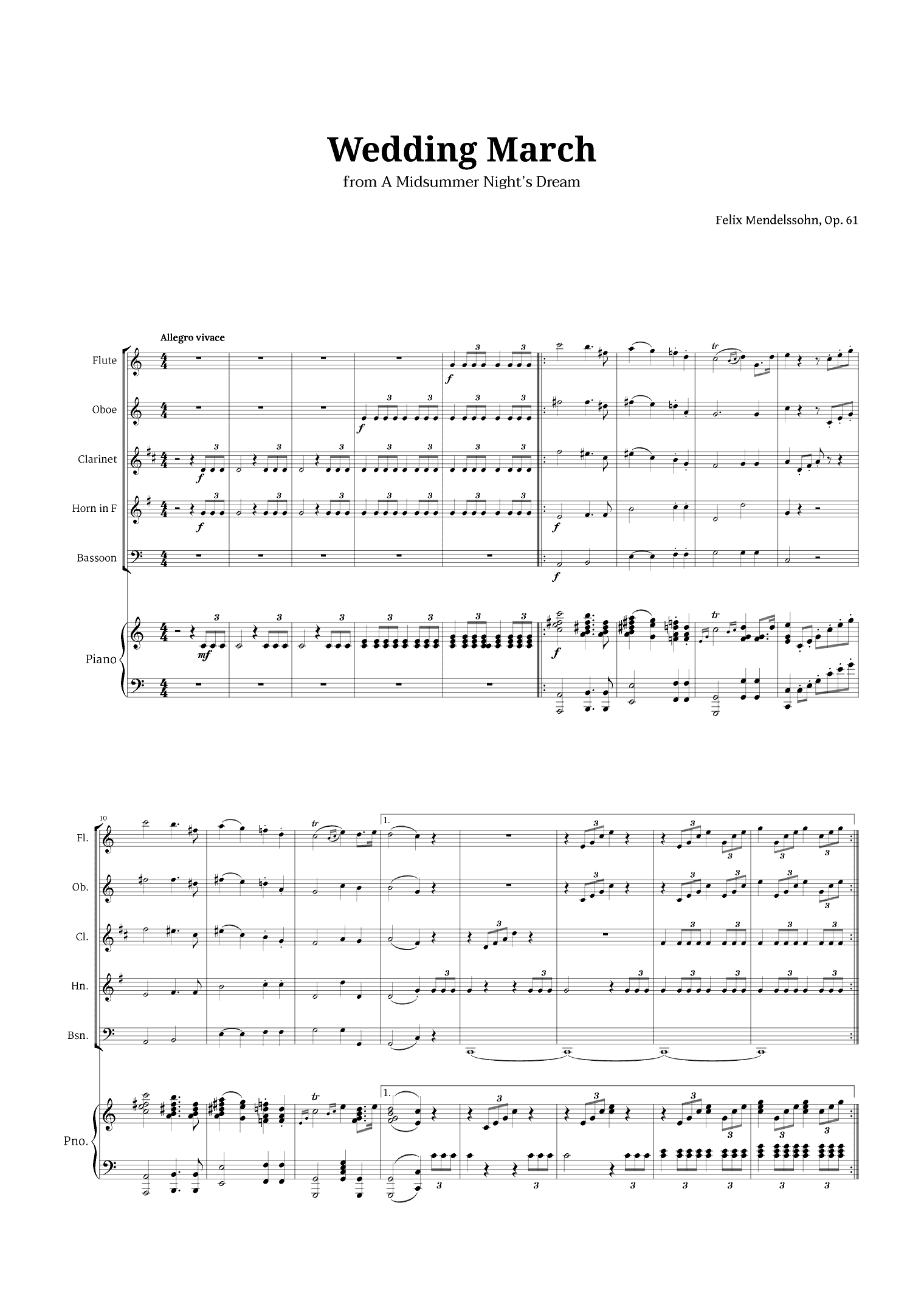 Wedding March by Mendelssohn for Woodwind Quintet and Piano (arr. Langanho)