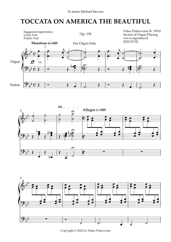Toccata on America the Beautiful, Op. 139 (Organ Solo) by Vidas Pinkevicius (2022)