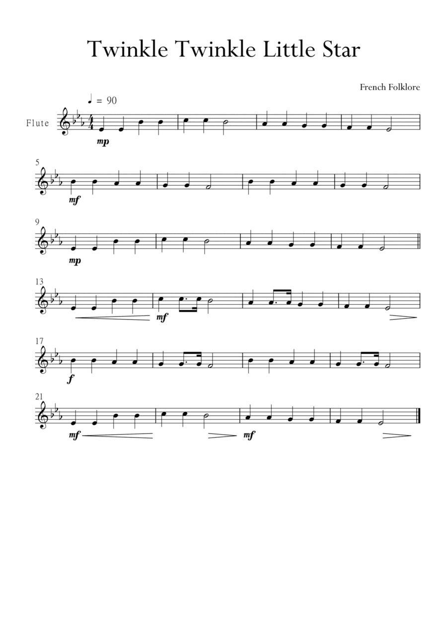 Twinkle Twinkle Little Star for Flute in Eb Major. Very Easy. (arr. Matheus Araújo)