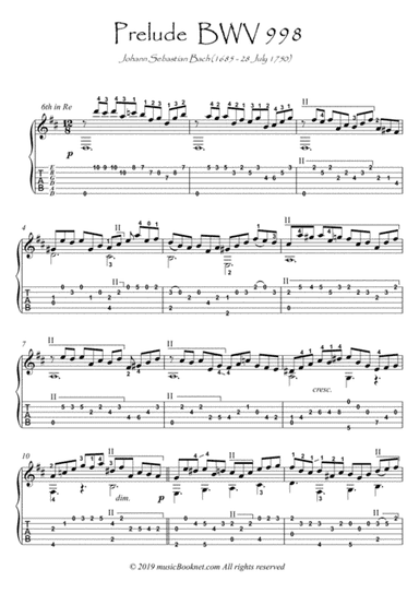 Bach for Guitar Prelude BWV 998 (arr. PianoSheetNow)
