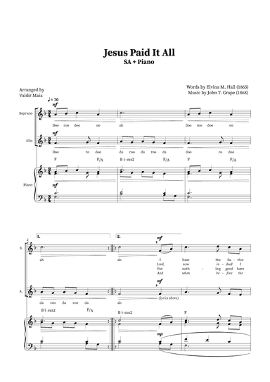 Jesus Paid It All - Soprano and Alto Duet (Piano Accompaniment + Chords) (arr. Valdir Maia)