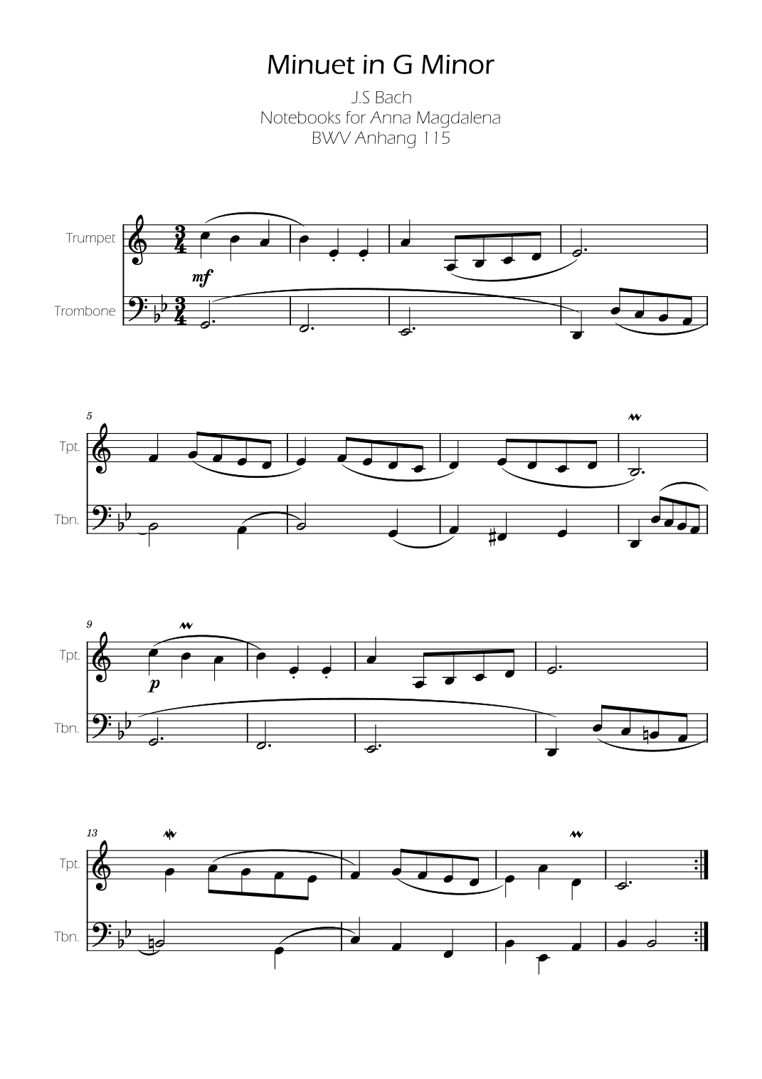 Minuet in G minor BWV Anh. 115 - Bach - Trumpet and Trombone (arr. Ygor Nunes)