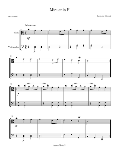 Leopold Mozart Minuet in F Sheet Music in C Viola and Cello (arr. Arezzo Music)