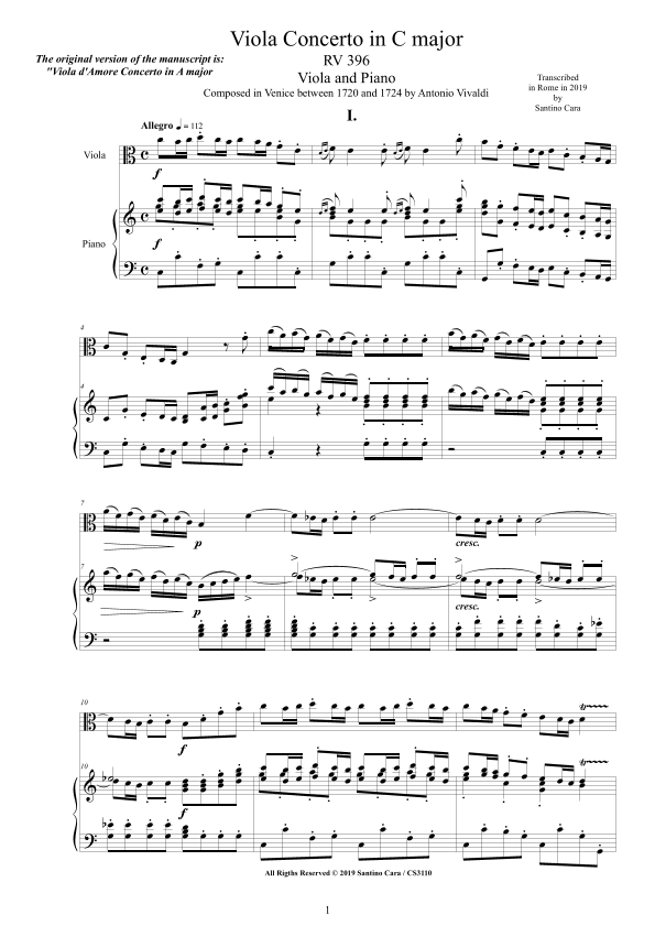 Vivaldi - Viola Concerto in C major RV396 for Viola and Piano (arr. Santino Cara)