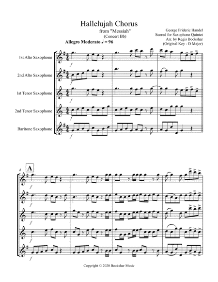Hallelujah (from "Messiah") (Bb) (Saxophone Quintet - 2 Alto, 2 Tenor, 1 Bari) (arr. Regis Bookshar)