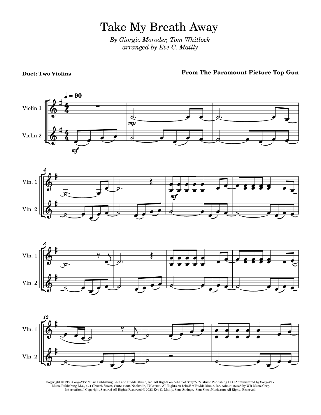 Take My Breath Away (love Theme) (arr. Eve C. Mailly - Zene Strings)