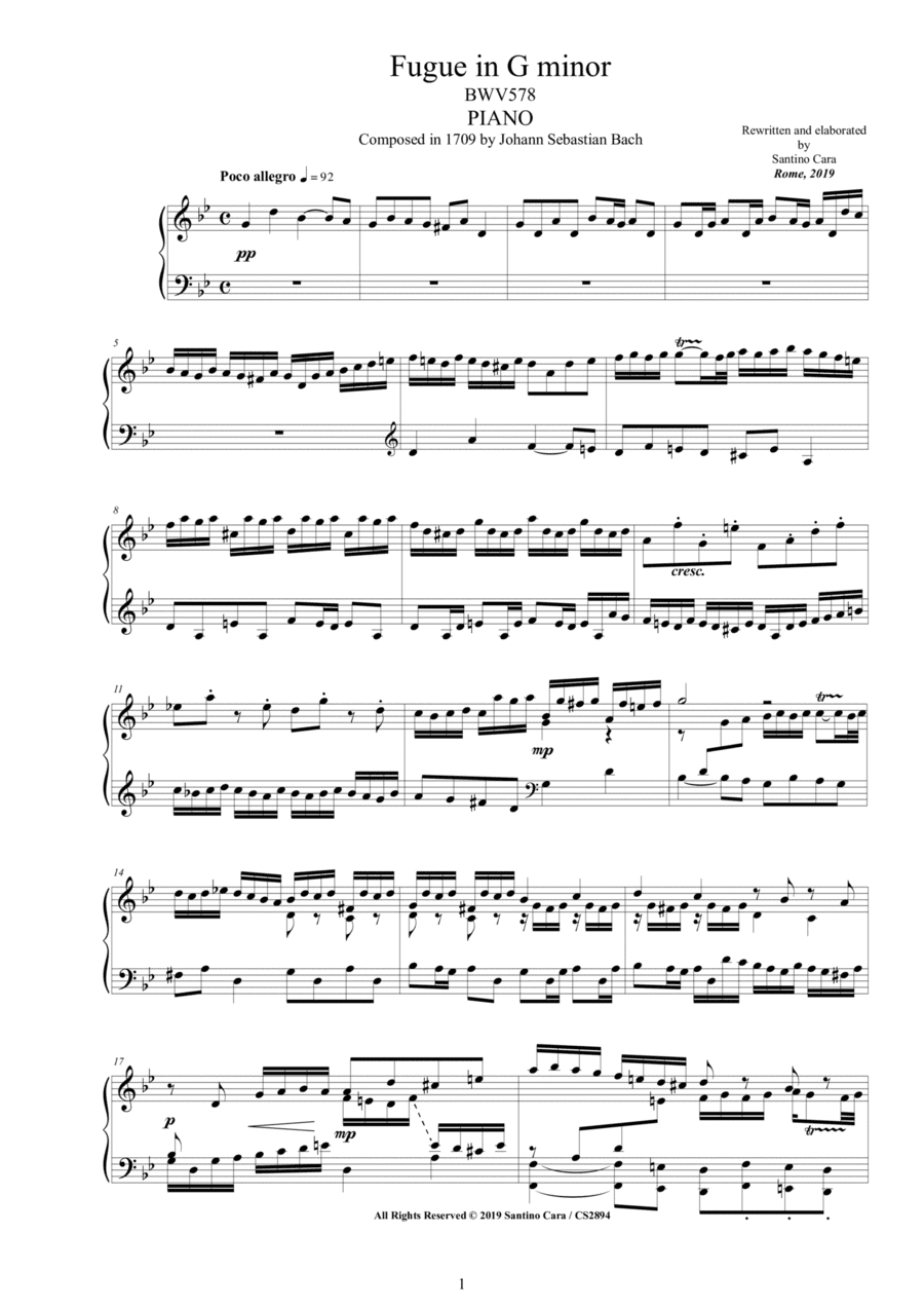 Bach - Fugue in G minor BWV 578 for Piano (arr. Santino Cara)