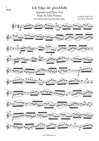 J S Bach Ich folge dir gleichfalls from St John Passion, BWV 245 Flute and Alto flute Duet (arr. Nils Fahl)