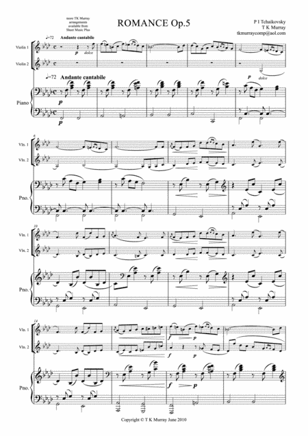 Tchaikovsky - Romance Op.5 - 2 Violins Violin Duo Violin Group & Piano (arr. Tim TK Murray)