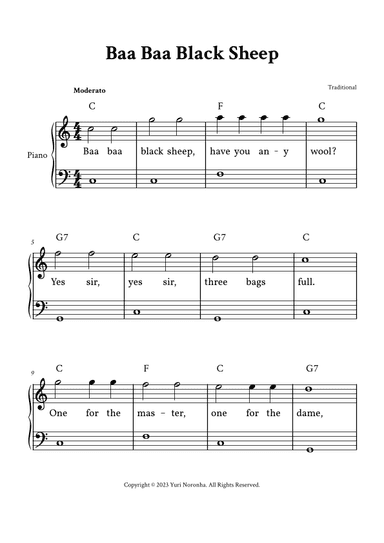 Baa Baa Black Sheep - Easy Piano in C (with Lyrics) (arr. Yuri Noronha)
