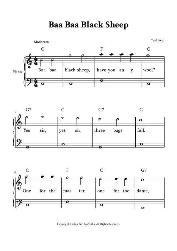 Baa Baa Black Sheep - Easy Piano in C (with Lyrics) (arr. Yuri Noronha)