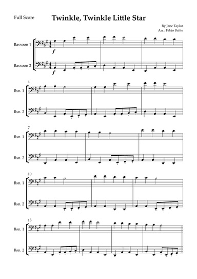 Twinkle, Twinkle Little Star for Bassoon Duo (arr. Fabio Britto)