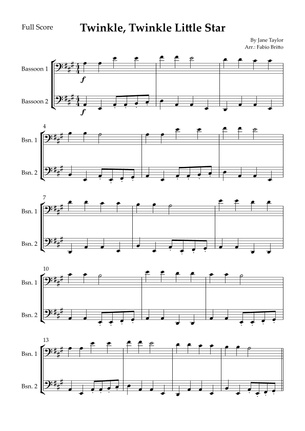 Twinkle, Twinkle Little Star for Bassoon Duo (arr. Fabio Britto)