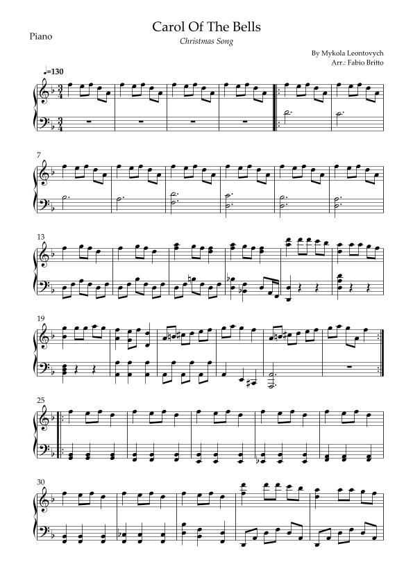 Carol of The Bells (Christmas Song) for Piano Solo (arr. Fabio Britto)