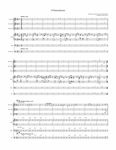 O Tannenbaum ala Guaraldi for jazz combo and 3-piece horn section (Alto Sax, Tenor Sax, Trombone) (arr. Jesse Audelo)