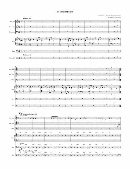 O Tannenbaum ala Guaraldi for jazz combo and 3-piece horn section (Alto Sax, Tenor Sax, Trombone) (arr. Jesse Audelo)
