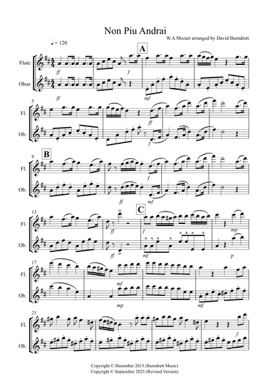 Non Piu Andrai for Flute and Oboe Duet (arr. David Burndrett)