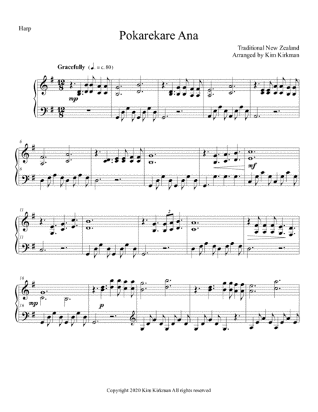 Pokarekare Ana for solo harp in G (1 sharp) (arr. Kim Kirkman)