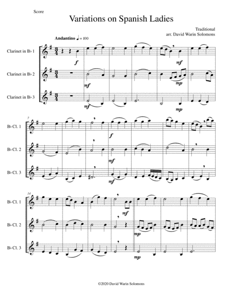 Variations on Spanish Ladies for 3 clarinets (arr. David Warin Solomons)
