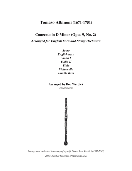 Concerto for English horn in D Minor, Op. 9 No. 2 and String Orchestra (arr. Don Werdick (1946 - ))