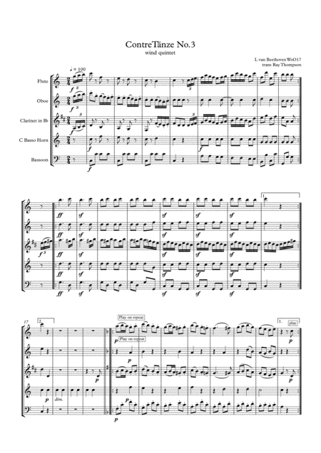 Beethoven (as adapted Seiss): Contre-Tanze (Country Dance) No.3 - wind quintet (arr. Ray Thompson)