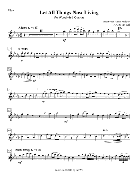 Let All Things Now Living for Woodwind Quartet (arr. Ian Wei)