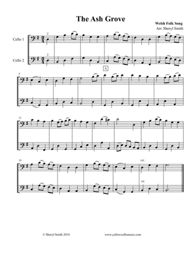 Ash Grove, a Welsh Folk song for two beginner cellists / cello duo, duet (arr. Yellow Cello Music)