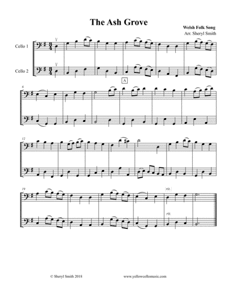 Ash Grove, a Welsh Folk song for two beginner cellists / cello duo, duet (arr. Yellow Cello Music)
