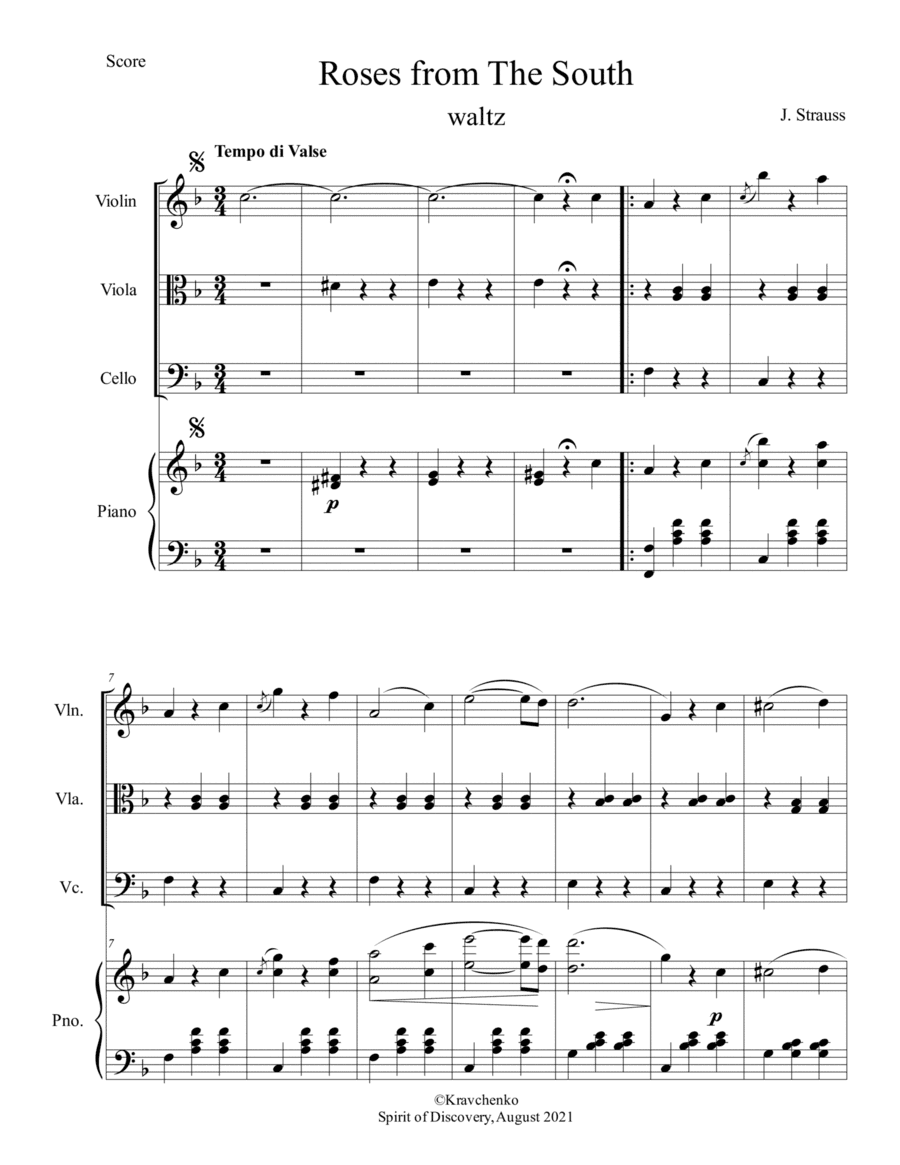Johann Strauss II - Roses from the South (Rosen aus dem Süden) Waltz for piano quartet (arr. Julia Samarska)