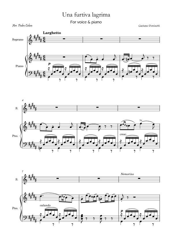 Una Furtiva Lagrima (Soprano in G#m) (arr. Pedro Cohen)