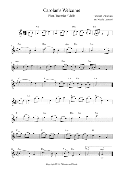 Carolan's Welcome (melody with chords) (arr. Nicole Leonard)