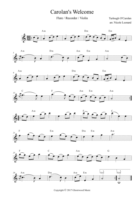 Carolan's Welcome (melody with chords) (arr. Nicole Leonard)