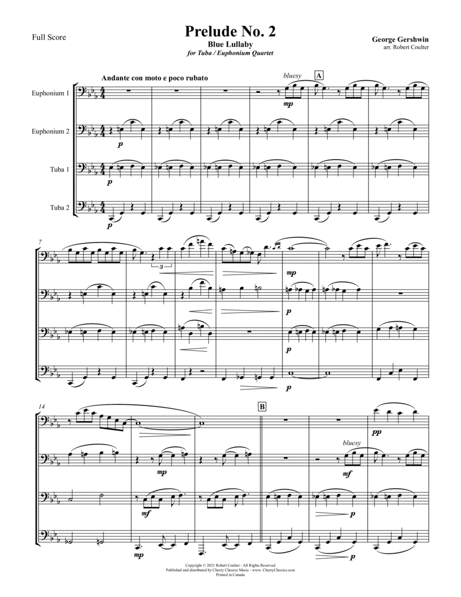 Prelude No. 2, Blue Lullaby for Tuba/Euphonium Quartet (arr. Cherry Classics Music)