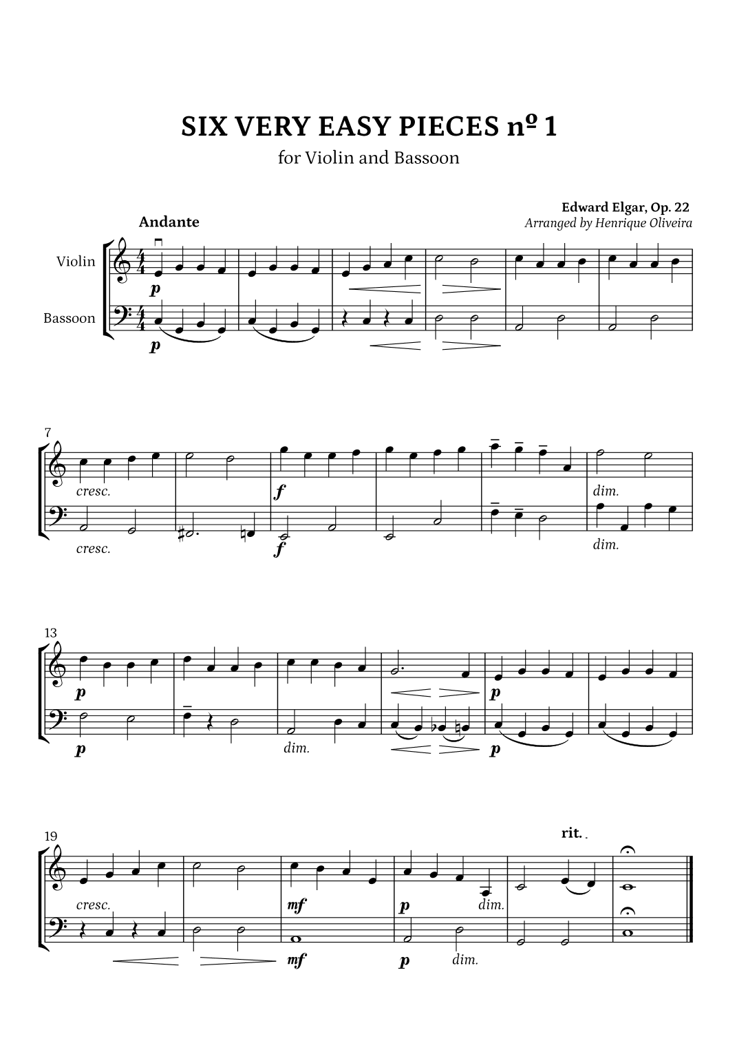 Six Very Easy Pieces nº 1 (Andante) - Violin and Bassoon (arr. Henrique Oliveira)