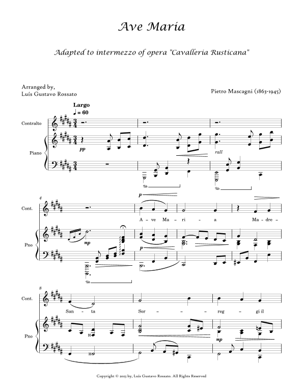 Mascagni - Ave Maria ( CONTRALTO - B Major) (arr. Luís Gustavo Rossato)