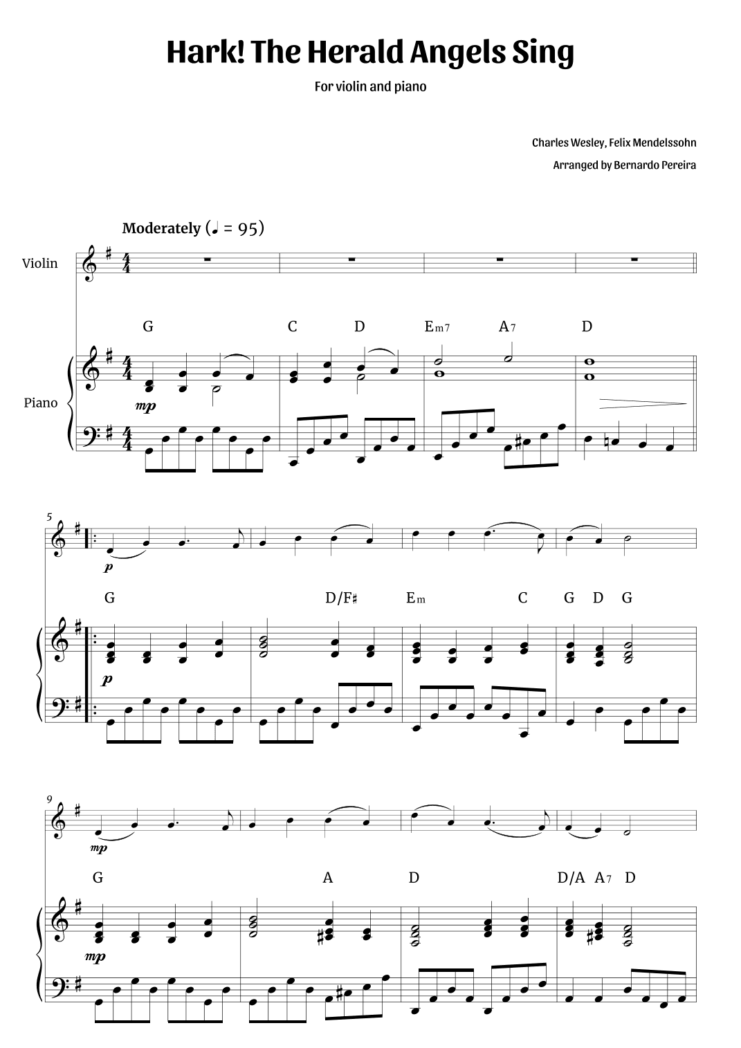 Hark! The Herald Angels Sing (violin and piano) (arr. Bernardo Pereira)