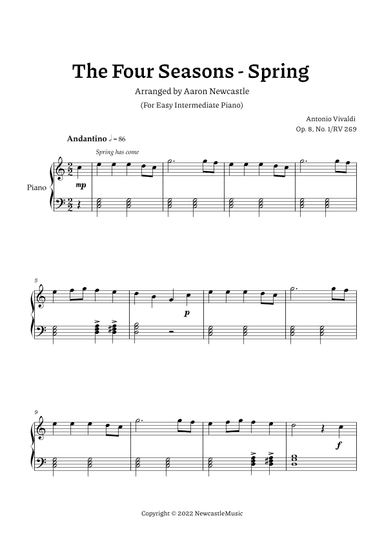 Vivaldi, Spring (The Four Seasons) | C Major — Easy Intermediate Piano (arr. Aaron Newcastle)