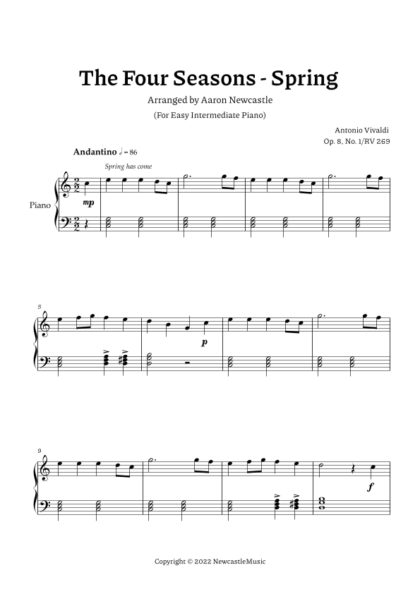 Vivaldi, Spring (The Four Seasons) | C Major — Easy Intermediate Piano (arr. Aaron Newcastle)