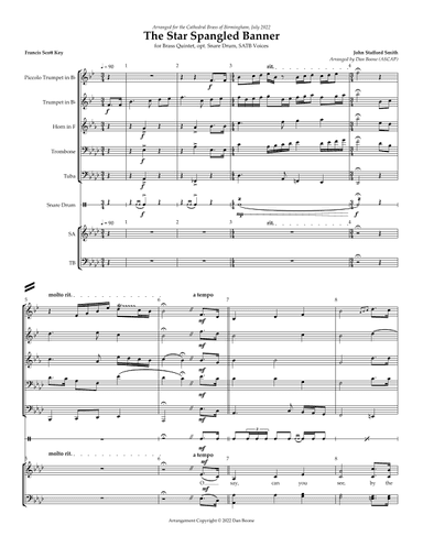 Star Spangled Banner for Brass Quintet, opt. Snare Drum, SATB Voices (arr. Dan Boone (ASCAP))